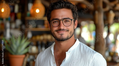 A man wearing glasses standing in front of a bar