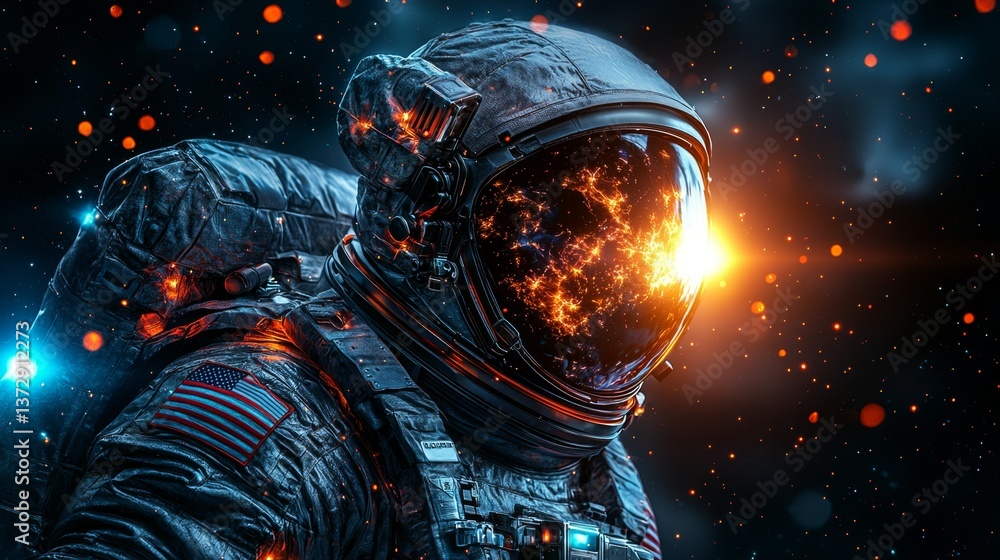 A man in a space suit with an american flag on his helmet A man in a space suit with an american flag on his helmet