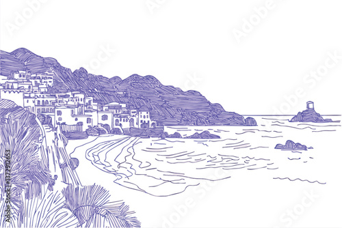 Beautiful summer european travel destination. Hand drawn style of south france or Italy coastline