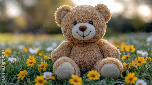 A  bear sitting in a field of yellow flowers