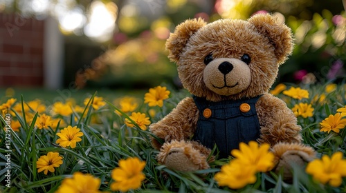 A  bear sitting in a field of yellow flowers