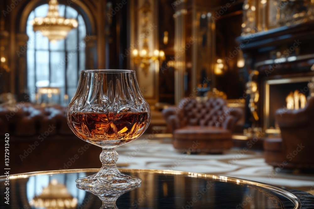 Cognac in snifter glass in luxury mansion setting, creating an atmosphere of sophistication and relaxation Cognac in snifter glass in luxury mansion setting, creating an atmosphere of sophistication and relaxation
