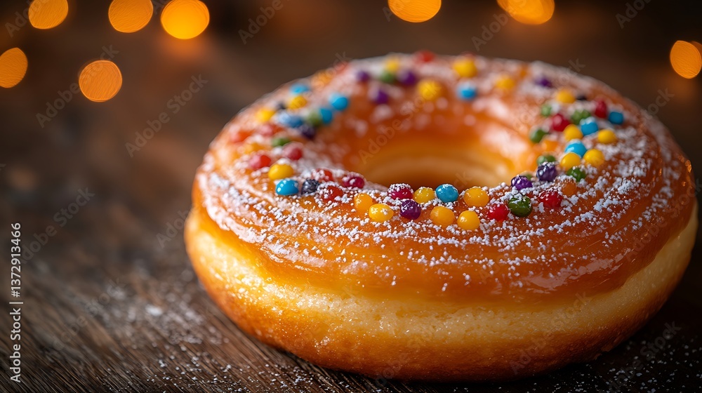 Glazed donut with sprinkles, and wood table. Glazed donut with sprinkles, and wood table.