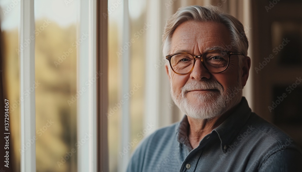 Fototapeta premium Happy Retired Senior Man Smiling By The Window: A Satisfied, Positive, And Confident Elderly Enjoying His Retirement At Home