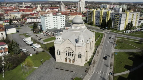 Old renovated Jewish synagogue, religious building, drone footage, Lučenec, Slovakia.