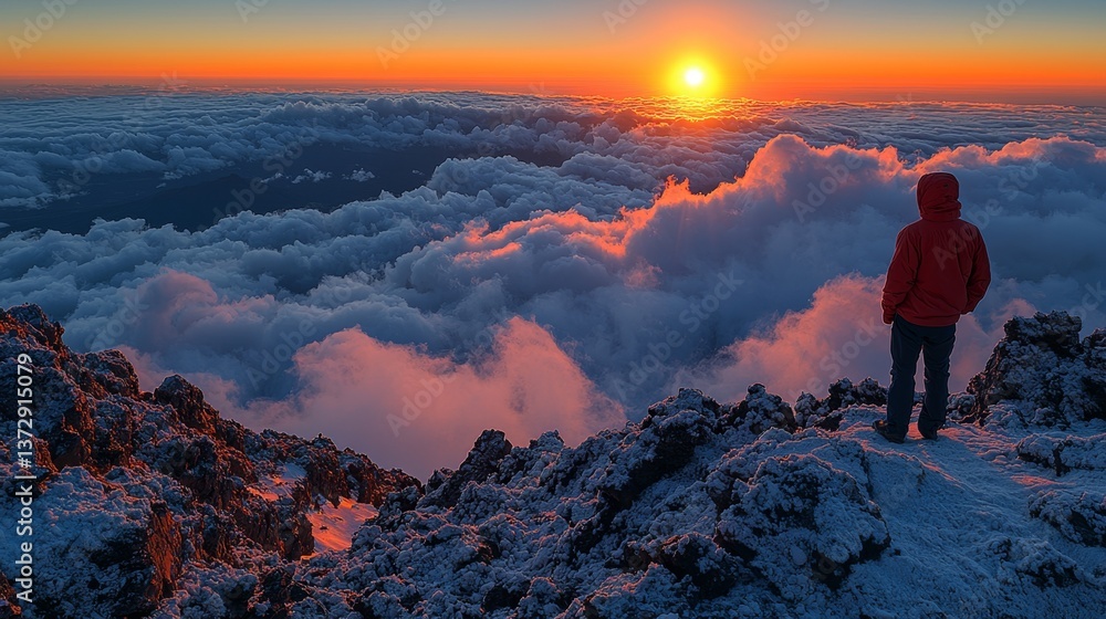 Fototapeta premium A person standing on top of a mountain looking out over the clouds