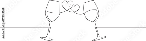 Wine glasses and heart shape Continuous line drawing 
