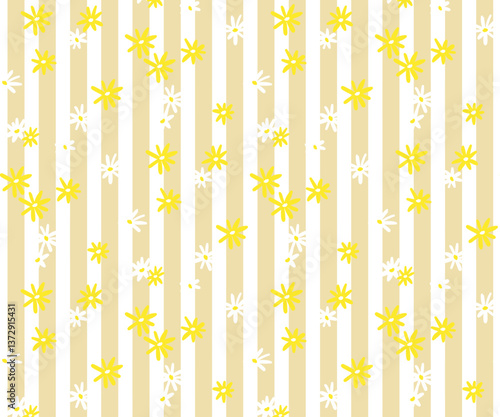 Hand-drawn daisies on a beige and white striped background seamless floral pattern. Soft pastel design for fabric, wallpaper, wrapping paper, and digital projects