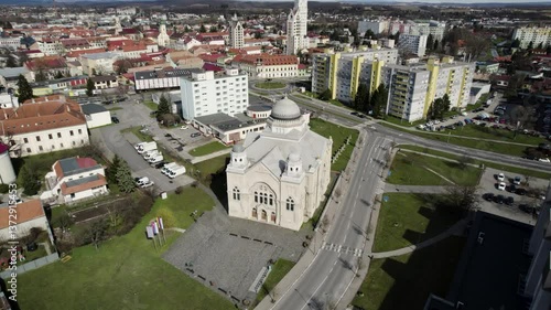Old renovated Jewish synagogue, religious building, drone footage, Lučenec, Slovakia.