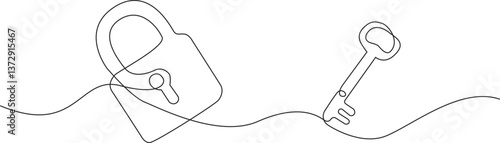 Continuous line drawing of padlock and key