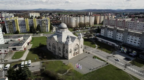 Old renovated Jewish synagogue, religious building, drone footage, Lučenec, Slovakia.