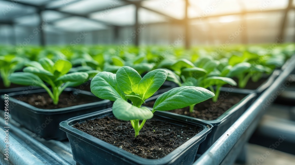 A lush view of seedlings growing in black pots inside a greenhouse, showcasing healthy green leaves reflecting sunlight in a nurturing environment. A lush view of seedlings growing in black pots inside a greenhouse, showcasing healthy green leaves reflecting sunlight in a nurturing environment.