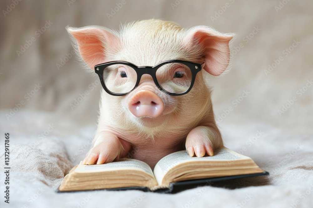 Adorable piglet wearing eyeglasses reading an open book, resting on a soft blanket, showing a love for literature and learning Adorable piglet wearing eyeglasses reading an open book, resting on a soft blanket, showing a love for literature and learning