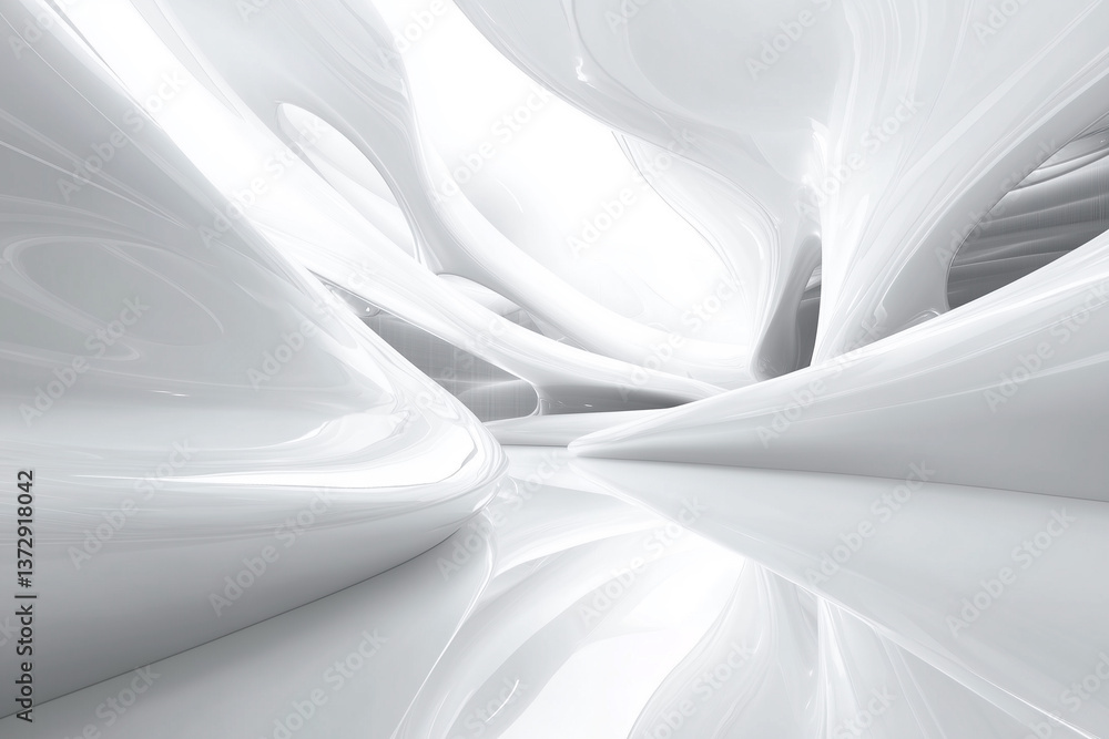 Naklejka premium long, curved tunnel with a white wall. The tunnel is empty and the only light is coming from the top. The tunnel appears to be a part of a larger structure