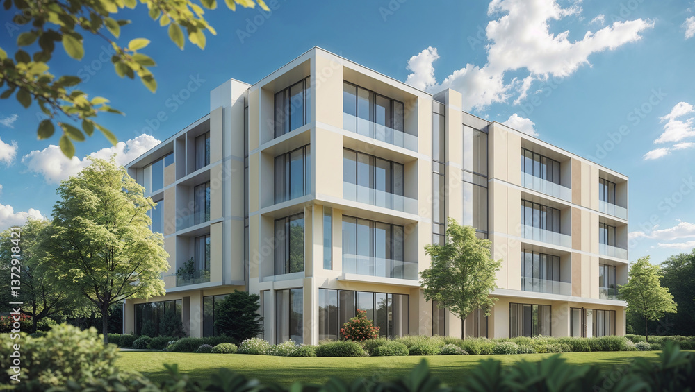 Modern Apartment Building: A contemporary residential building with large windows and balconies, set in a green, landscaped environment. Modern Apartment Building: A contemporary residential building with large windows and balconies, set in a green, landscaped environment.