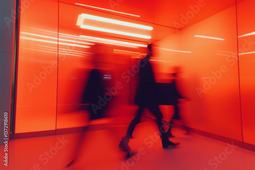 blurry image of people walking in a red hallway. The people are walking in a line, and the hallway is lit up with red lights. Scene is energetic and lively, as the people seem to be moving quickly