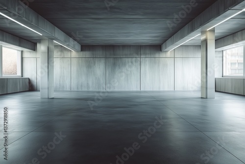 The basement room on the bottom floor of the building's parking lot is empty in an industrial cast concrete style. Abstract modern minimal background