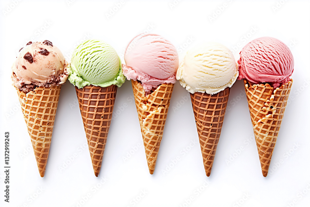 row of five ice cream cones, each with a different flavor. The cones are lined up next to each other, creating a visually appealing display row of five ice cream cones, each with a different flavor. The cones are lined up next to each other, creating a visually appealing display