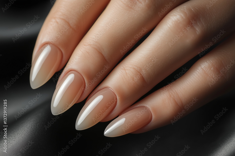 woman's hand with long, pointed nails. The nails are painted in a light color, giving the hand a polished and elegant appearance. Scene is sophisticated and stylish woman's hand with long, pointed nails. The nails are painted in a light color, giving the hand a polished and elegant appearance. Scene is sophisticated and stylish
