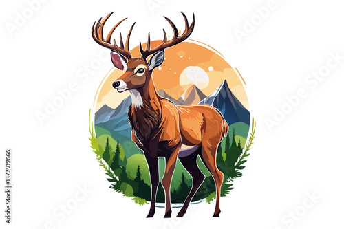Majestic Red Deer Buck in Mountain Landscape, portrait of deer, great adult noble red deer with big beautiful horns on at forest background, wildlife landscape with stag (Cervus elaphus)