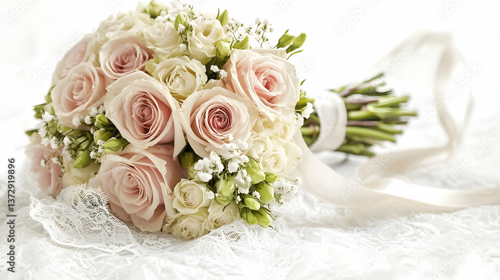 Elegant Floral Bouquet of Pink and White Roses with Delicate Lace and Ribbon for Wedding Decoration on Soft White Background in Bright Lighting Elegant Floral Bouquet of Pink and White Roses with Delicate Lace and Ribbon for Wedding Decoration on Soft White Background in Bright Lighting
