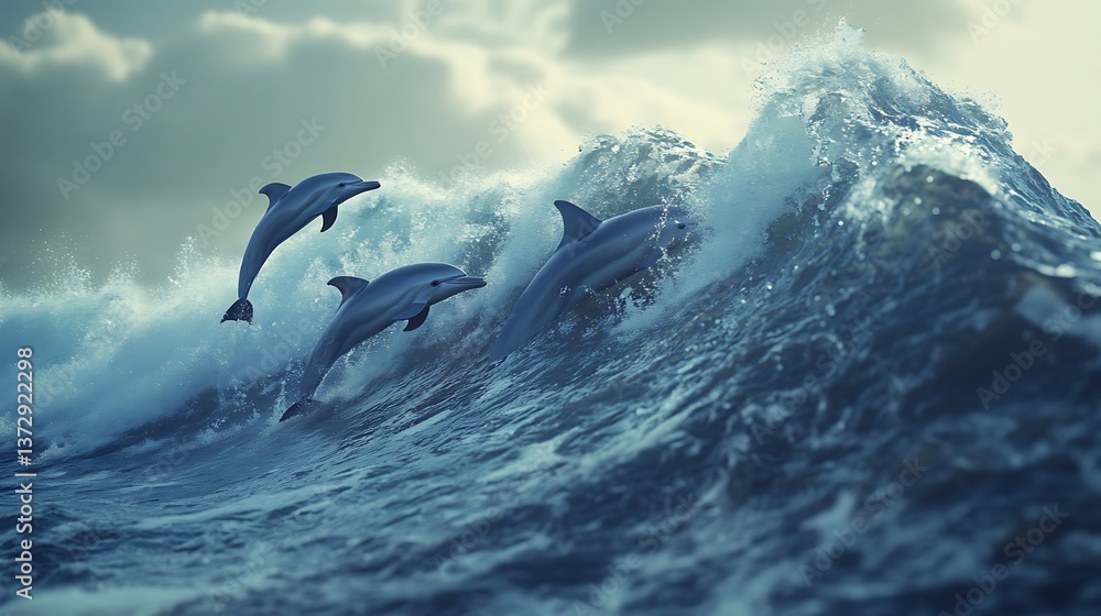 Fototapeta premium Graceful dolphins surfing the waves in the deep ocean image