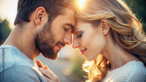A romantic couple shares an intimate moment, their foreheads touching lovingly, young couple kissing