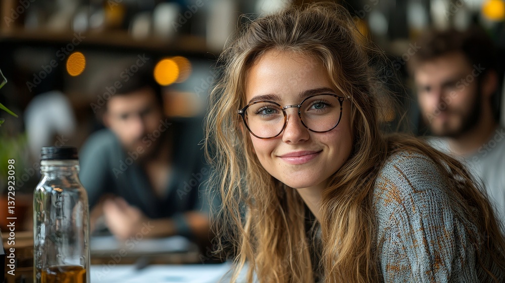 A young woman with glasses smiling warmly at the camera in a cozy café setting filled with warm ambient lighting A young woman with glasses smiling warmly at the camera in a cozy café setting filled with warm ambient lighting