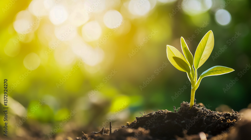Close-Up of Small Green Plant Growing from Dark Soil, Symbol of New Life and Growth Close-Up of Small Green Plant Growing from Dark Soil, Symbol of New Life and Growth