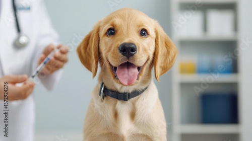 Veterinarian administering vaccine to puppy at animal clinic bright and inviting environment close-up view