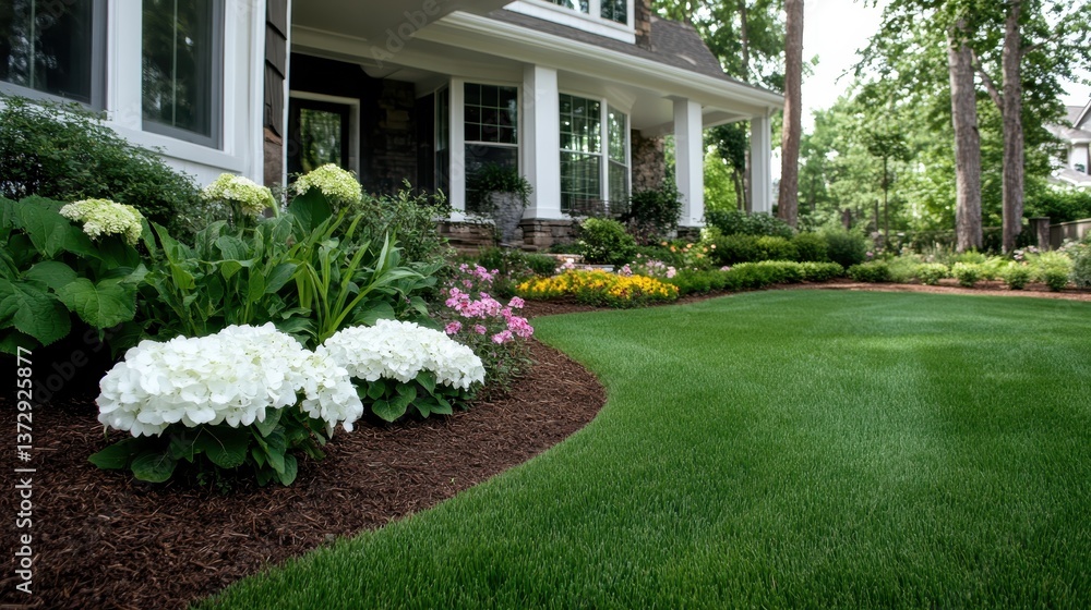 Naklejka premium A beautiful home garden featuring colorful flower beds and well-maintained green grass, creating an inviting and picturesque outdoor space for relaxation and enjoyment.