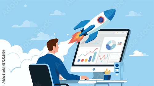 A businessman sits at a desk, focused on his large computer monitor, which displays various colorful graphs and charts. Above the monitor, a blue and white rocket with a pointed nose and tail soars