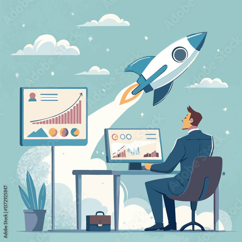 A businessman sits at a desk, focused on his large computer monitor, which displays various colorful graphs and charts. Above the monitor, a blue and white rocket with a pointed nose and tail soars