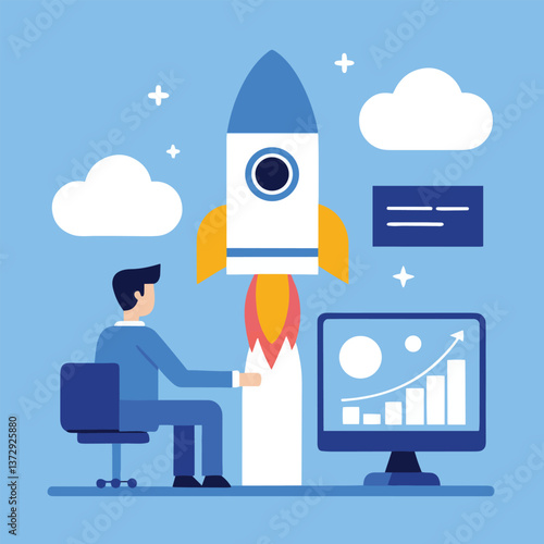 A businessman sits at a desk, focused on his large computer monitor, which displays various colorful graphs and charts. Above the monitor, a blue and white rocket with a pointed nose and tail soars