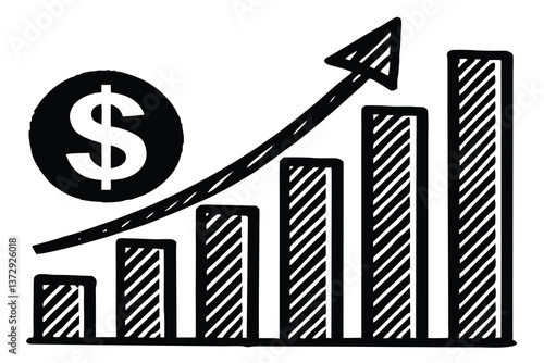 Black and white icon of a graph increasing with a dollar sign, representing increasing profit.