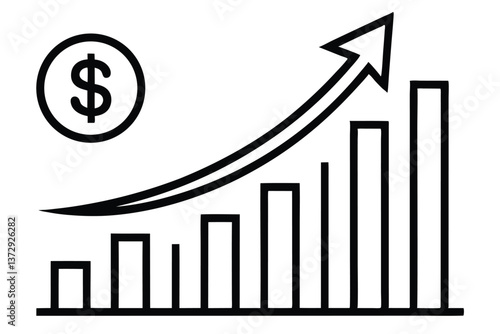 Black and white icon of a graph increasing with a dollar sign, representing increasing profit.