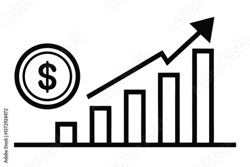 Black and white icon of a graph increasing with a dollar sign, representing increasing profit.