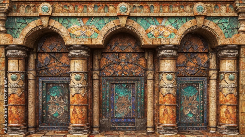 Fototapeta premium Ornate building facade with arches columns and intricate carvings.