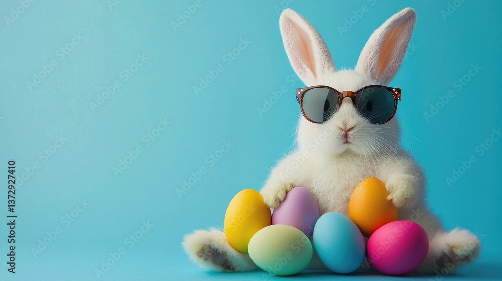 Fototapeta premium Charming white bunny in sunglasses seated with pastel Easter eggs on a bright blue background. Great for Easter promotions, greeting cards, and cheerful seasonal branding
