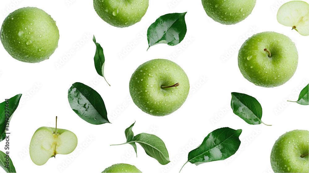 Green apples with leaves and water drops, isolated on a white background, png Green apples with leaves and water drops, isolated on a white background, png