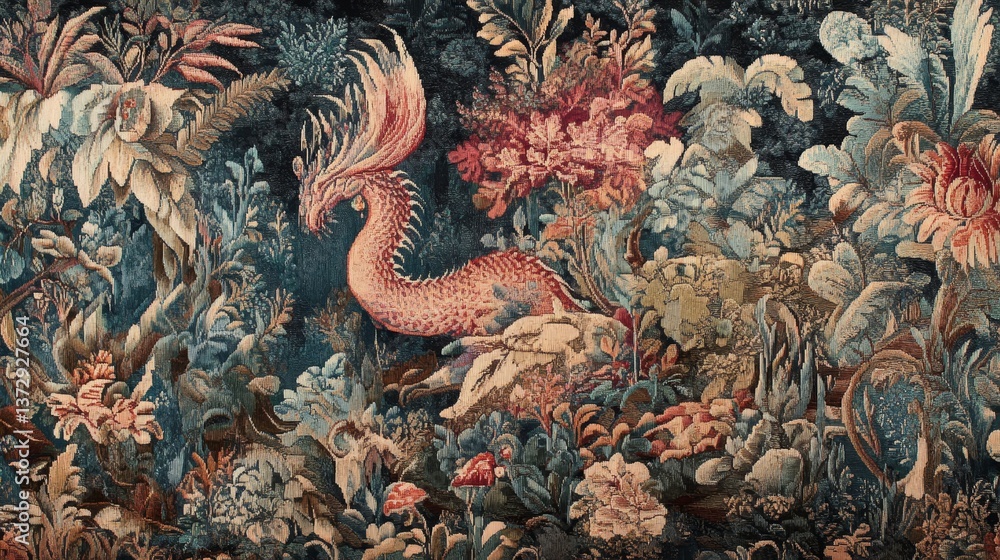 Fototapeta premium Tapestry featuring a mythical creature surrounded by dense foliage and