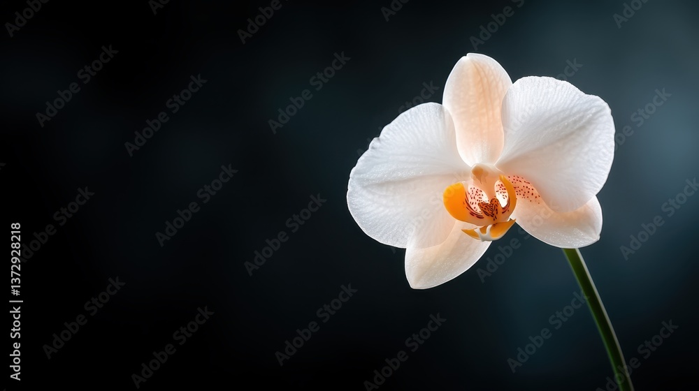 This delicate white orchid, with its elegant shape and intricate textures, stands against a dark background, creating a striking visual that captures purity and beauty. This delicate white orchid, with its elegant shape and intricate textures, stands against a dark background, creating a striking visual that captures purity and beauty.