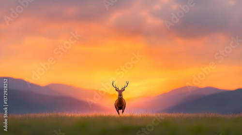 Majestic Deer Leaping Against a Dramatic Sunset Sky Landscape