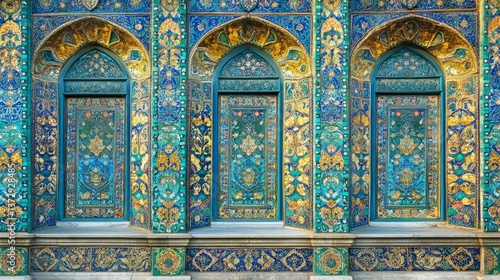 Three ornate arched doors with intricate tilework in shades of