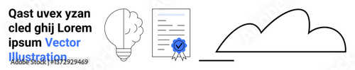 Light bulb next to document featuring a blue seal and a cloud outline. Ideal for innovation, certification, storage, data security, cloud computing, education, minimalism, simple landing page