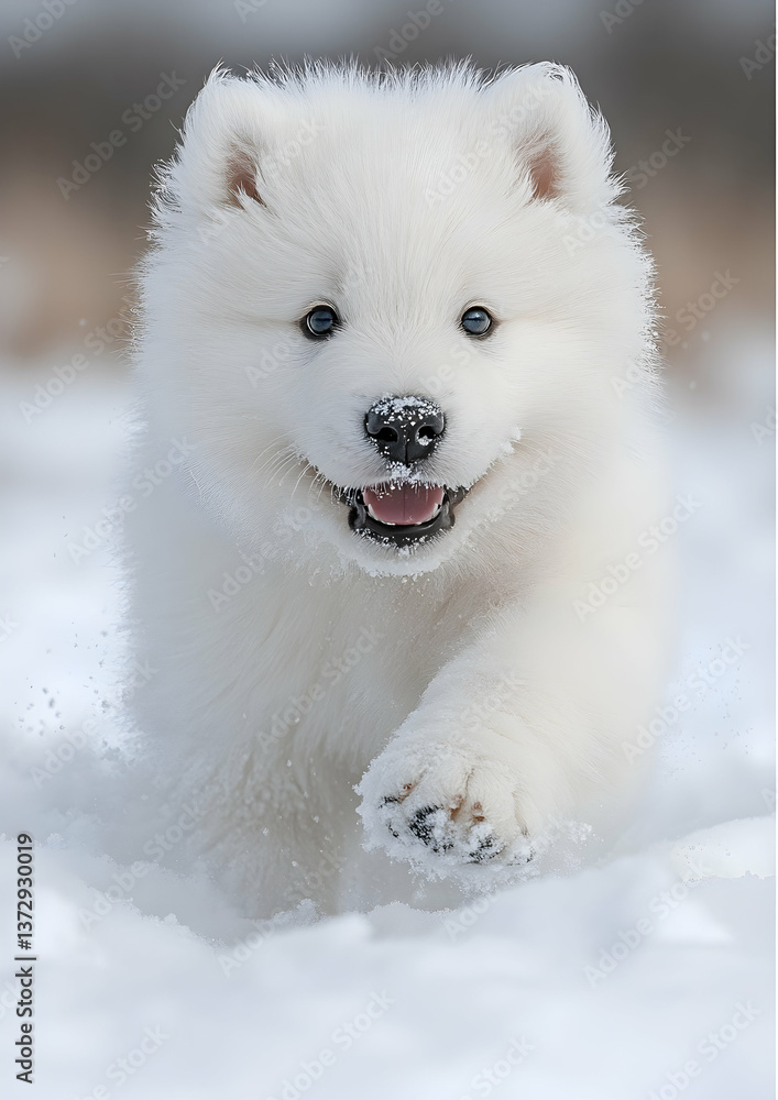 Obraz premium Playful Samoyed Puppy Running Through Snow in Winter Light with White Fur and Snowy Background Detail