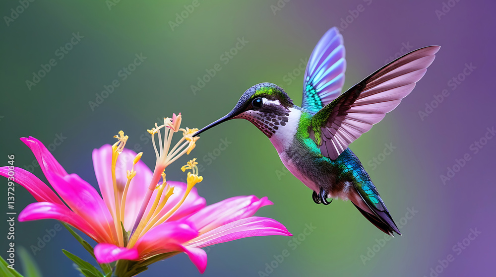 Fototapeta premium Colorful Hummingbird and Flower Vibrant Nature Illustration