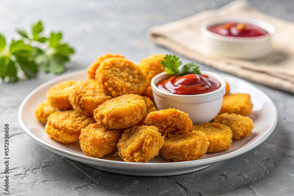 Crispy Chicken Nuggets, Tasty Snack, Ketchup Dip, Appetizer Food Crispy Chicken Nuggets, Tasty Snack, Ketchup Dip, Appetizer Food