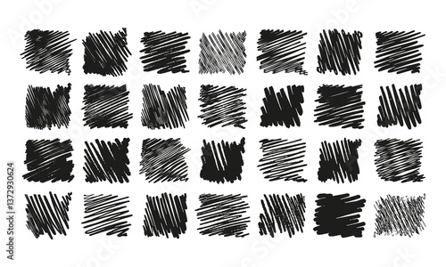 Twenty-eight varieties of multi-directional hand-drawn hatching. Doodles and squiggles. Vector set