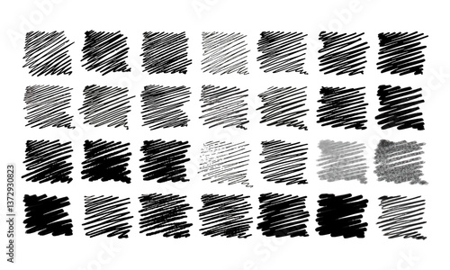 Twenty eight varieties of hand drawn shading with different artistic tools. Doodles and squiggles. Vector set